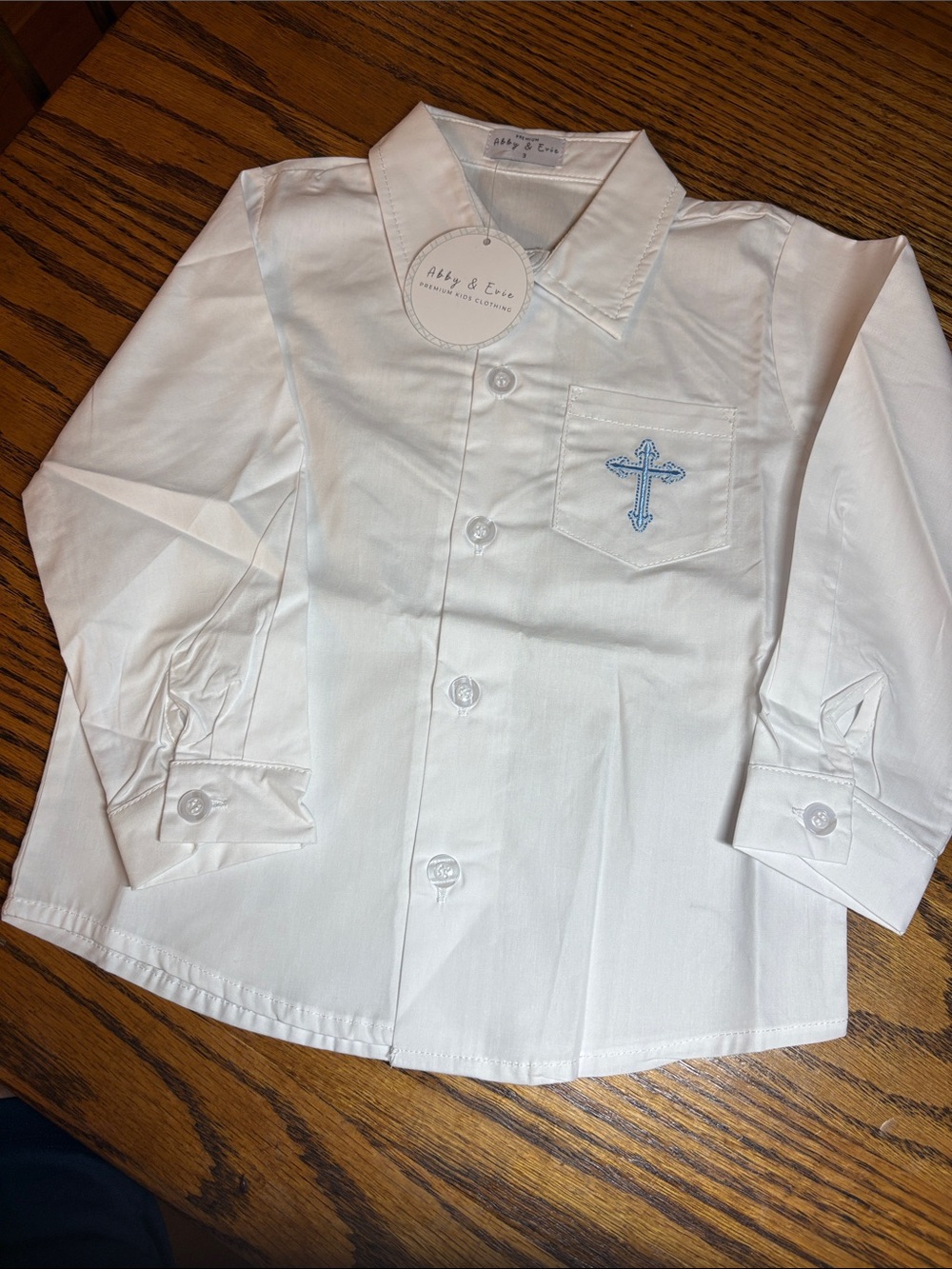 Aby & Eve Boys' White Button-Front Shirt with Blue Cross Pocket Embroidery